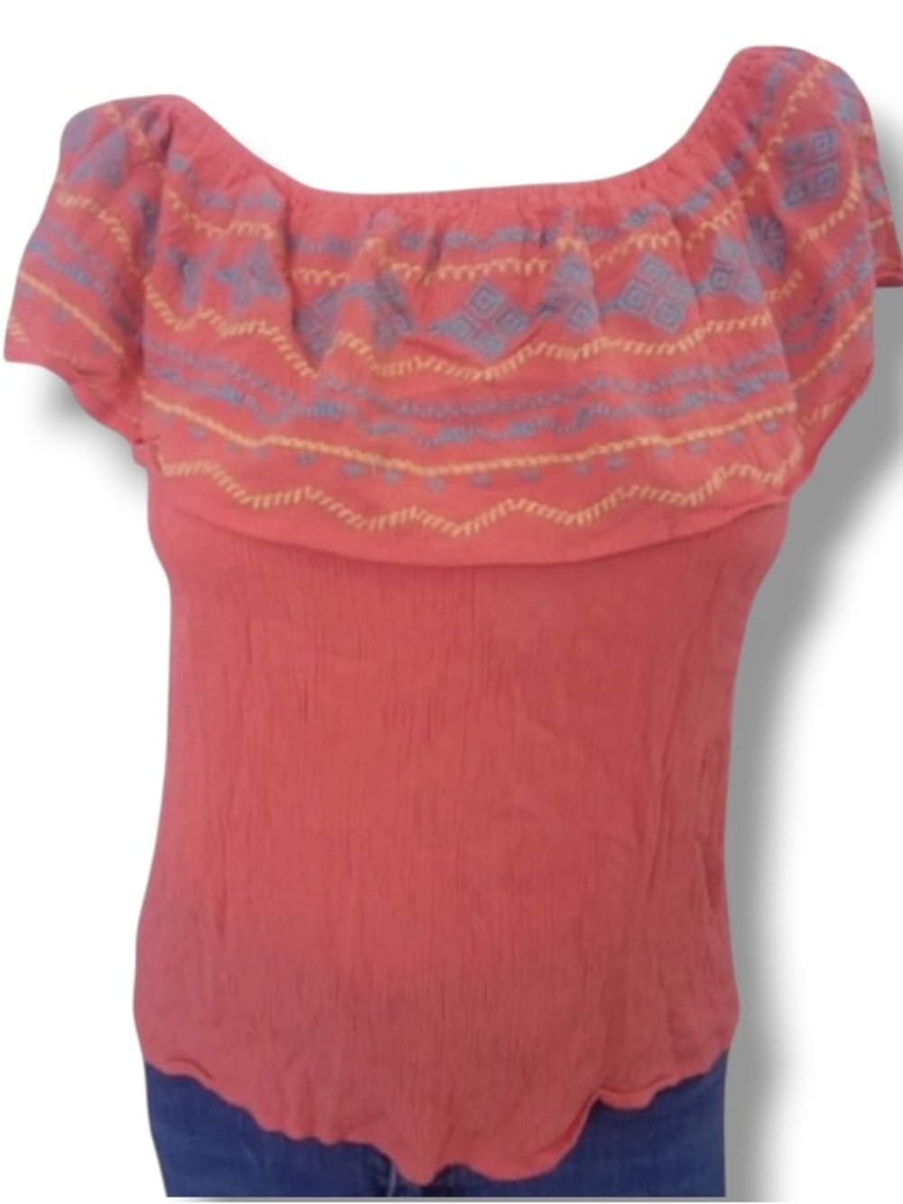 Lily White Women’s Summer Off the Shoulder Coral Top Blouse Embroidered Detail